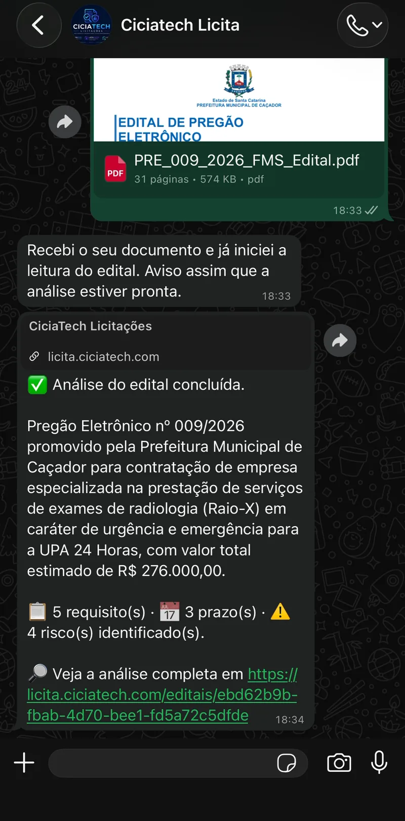 Conversa no WhatsApp com edital em PDF enviado, confirmação de leitura e resposta com a análise concluída