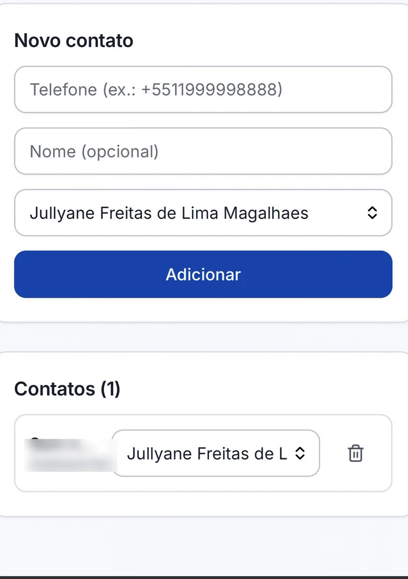 Formulário de novo contato no celular com seletor de pessoa da organização e contato criado já vinculado